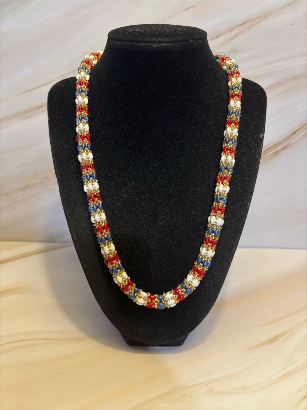 Handcrafted Gold-Tone Toggle Necklace with Red, Blue and White Beads 21”